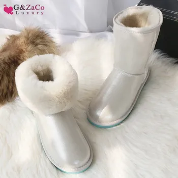 G&Zaco Lüks Avustralya Koyun Derisi Kar Bot Kadın Kış Kürk Bot Gerçek Deri Doğal Yün Düz Buzağı Koyun Ayakkabı G Bot