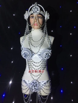 Gelecek Teknoloji Kadın Uzay Abartılı Headdress Sahne Performansı Sahne Gece Kulübü Seksi GoGo Dans Takımı Ds Kostüm