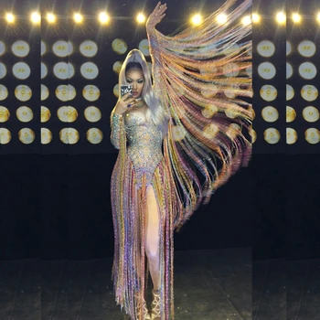 Glisten Kristaller Tulum Seksi Uzun Çok renkli Püskül Rhinestones Bodysuit Kadın Gece Kulübü Kıyafet Şarkıcı Sahne dans kostümü