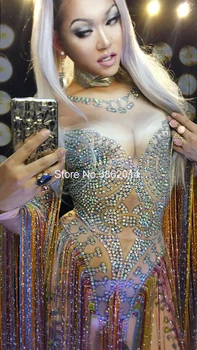 Glisten Kristaller Tulum Seksi Uzun Çok renkli Püskül Rhinestones Bodysuit Kadın Gece Kulübü Kıyafet Şarkıcı Sahne dans kostümü Görüntü 2