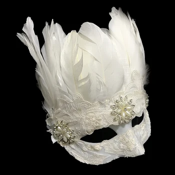 Gotik Beyaz Tüy Göz Maskesi Venedik Masquerade Ball Fantezi Elbise Yarım Yüz Maskeleri Aksesuar Benzersiz Görüntü 2