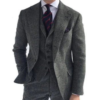 Gri Balıksırtı erkek Takım Elbise Tüvit İngiliz Tarzı Custom Made Erkek Takım Elbise Slim Fit Blazer Düğün Takımları Erkekler için 3 adet Görüntü 2
