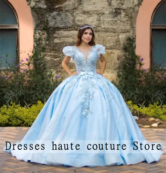 Gökyüzü Mavi Boncuklu Aplikler Quinceanera Elbiseler 2023 Prenses balo elbisesi doğum günü partisi elbisesi Tatlı 16 Elbise Vestidos De 15 Años
