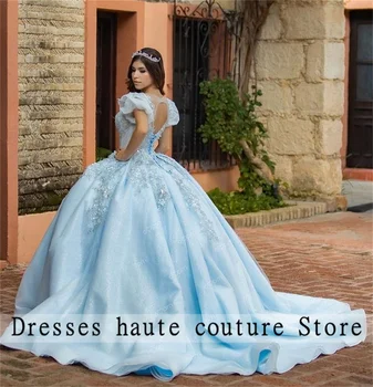 Gökyüzü Mavi Boncuklu Aplikler Quinceanera Elbiseler 2023 Prenses balo elbisesi doğum günü partisi elbisesi Tatlı 16 Elbise Vestidos De 15 Años Görüntü 2