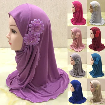 Güzel Küçük Kız Başörtüsü Eşarp Çiçekler Fit 2-7 Yaşında Müslüman Çocuklar Çekme İslam Eşarp Şal Başörtüsü Toptan 50cm