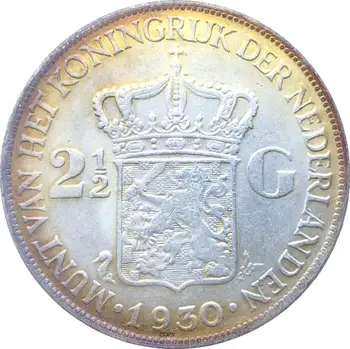 Hollanda 1930 2½ Gulden Wilhelmina I WİLHELMİNA KONİNGİN NEDERLANDEN Cupronickel Gümüş Kaplama Kopya Para Mektup Kenarlı Görüntü 2