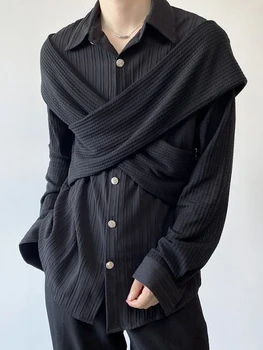 IEFB erkek gömleği Sonbahar Ayrılabilir Kayış Tasarım Yaka Uzun Kollu Moda Pilili 2023 Darkwear Turn-aşağı Yaka 9A4949 Görüntü 2