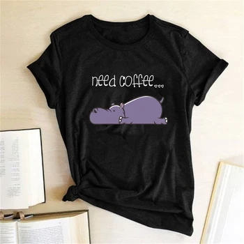 Ihtiyacı Kahve Su Aygırı Baskı T-Shirt Kadın Gömlek Yaz Sevimli Gömlek Kadın Tişört Kadın Rahat Kawaii Gömlek Harajuku Camisetas Görüntü 2