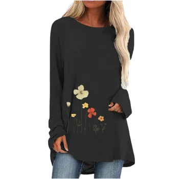 Ilkbahar Ve Sonbahar Gömlek Büyük Boy O-boyun Moda T-Shirt 2021 Çiçek Baskı Uzun Kollu Gevşek Rahat Üst Sokak Giyim Görüntü 2