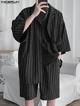 INCERUN 2022 Kore Tarzı Yeni erkek Orta kollu Şort Setleri Moda Rahat Erkek Streetwear Sıcak Satış Çizgili İki parçalı Takım Elbise S-5XL Görüntü 2
