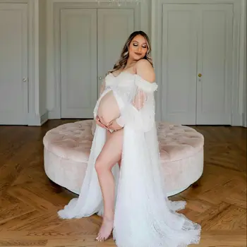 Inci Tül hamile elbiseleri Fotoğrafçılık İçin Ön Bölünmüş Uzun Kollu Annelik Photoshoot Kıyafet Maxi Elbise Gebelik uzun elbise