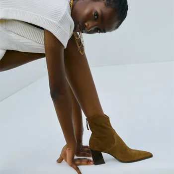 Inek derisi Süet Çizmeler Kadın Yüksek Topuklu Topuklu Kovboy yarım çizmeler Sonbahar Moda Sivri Burun Topuk Kadın Stiletto kadın ayakkabısı ZA Görüntü 2