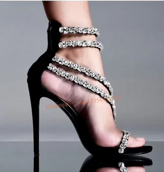 Ipek Stiletto Yüksek Topuk Kristal Sandalet kadın Lüks Taklidi Ayak Bileği Kayışı Geri Fermuar Yaz Parti Düğün Ayakkabı Pembe \ Siyah Görüntü 2