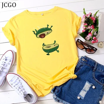 JCGO Yaz Pamuklu T Shirt Kadın Çok Yönlü 4XL 5XL Komik Avokado Baskı O-boyun Kısa Kollu Basit Tişörtleri Casual Bayanlar Tee Tops