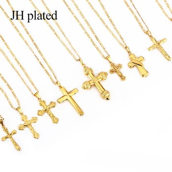 JHplated 2019 Yeni moda takı Altın Renk haç İsa Dini Çapraz Kolye Kolye Kadınlar / Erkekler Hıristiyan uzunluğu 45 cm