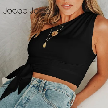 Jocoo Jolee Kadınlar Bandaj Kapalı Omuz Katı Dantel Up Yay Yaz Seksi Tank Top Göbek Casual Streetwear Sıska Üstleri Parti Kulübü