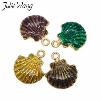 Julie Wang 15 adet Renkli Deniz Kabuğu Kabuklu Şekli Emaye Alaşım Charm DIY Trend Kadınlar Takı Anahtarlık Kolye Bulguları 18 * 15mm Görüntü 2