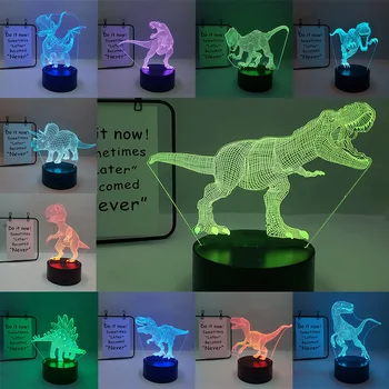 Jurassic Dünya 3D Hayvanlar Yaratıcı Küçük Gece Lambası Dinozor Renkli LED Üç Boyutlu Çizgi USB Dokunmatik Karartma Peri