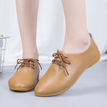 Kadın Ayakkabı Balerin Flats Ayakkabı Kadın Hakiki deri ayakkabı Moccasins Casual Lace Up Sığ Loafer'lar Bayan Ayakkabıları Artı Boyutu 44
