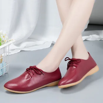 Kadın Ayakkabı Balerin Flats Ayakkabı Kadın Hakiki deri ayakkabı Moccasins Casual Lace Up Sığ Loafer'lar Bayan Ayakkabıları Artı Boyutu 44 Görüntü 2