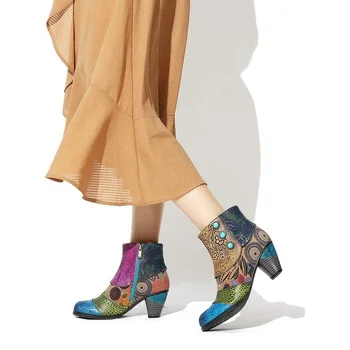 Kadın Ayakkabı Ekleme Baskılı yarım çizmeler Kadın PU Deri Retro Blok Yüksek Topuklu Bohemian Bayanlar Bahar Sonbahar kısa çizmeler Görüntü 2