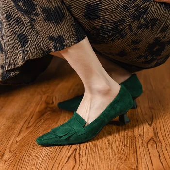 Kadın Ayakkabı Med Topuk 4.5 CM Retro Tarzı Zarif Kadın Pompaları Bayan Püsküller Ayakkabı SquareToe Bahar Sonbahar Çocuk Süet pençe Görüntü 2