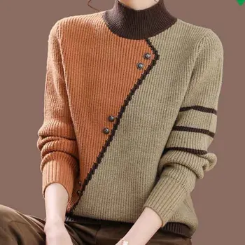 Kadın giyim Vintage Zarif Kontrast Renkler Patchwork Düğme Kazak Polar Yarım Yüksek Yaka Kış Örme Süveter