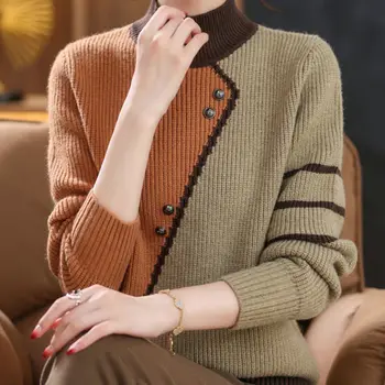 Kadın giyim Vintage Zarif Kontrast Renkler Patchwork Düğme Kazak Polar Yarım Yüksek Yaka Kış Örme Süveter Görüntü 2