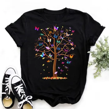 Kadın Kelebek Ağacı Baskı Harajuku Yaz Tişörtleri Casual Yuvarlak Boyun Kısa Kollu Üst Tee Gömlek Kadın siyah tişört Damla Gemi