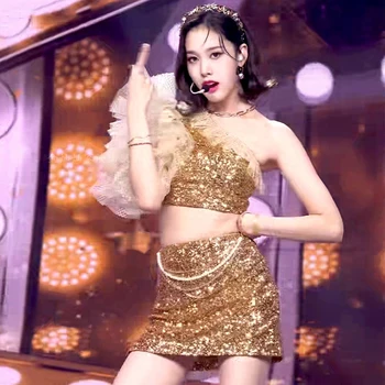 Kadın Kore Grubu dans kostümü Altın Sequins Üst Etekler Kızlar Caz Elbise Kpop Kıyafet Sahne Performansı Giyim XS4865 Görüntü 2