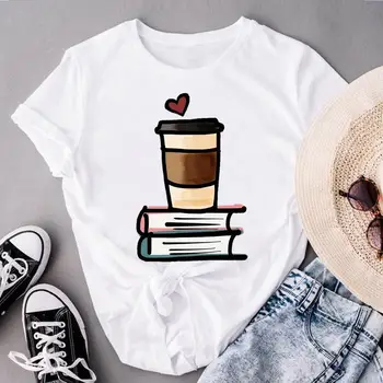 Kadın Kısa Kollu Kahve Vintage Kitaplar Sevimli Giysi Baskı Üstleri Moda Bayan Tees Kadın O-boyun Yaz Tshirt grafikli tişört