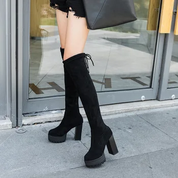 Kadın Moda Siyah Diz Çizmeler Üzerinde Kadın Yumuşak Deri Geri Lace Up Yüksek Kare Topuklu Ayakkabı Bayanlar Seksi Platformu Shoes2021