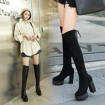 Kadın Moda Siyah Diz Çizmeler Üzerinde Kadın Yumuşak Deri Geri Lace Up Yüksek Kare Topuklu Ayakkabı Bayanlar Seksi Platformu Shoes2021 Görüntü 2
