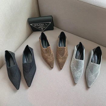 Kadın Pompaları Parlayan Sivri Burun Sığ Kayma İnce Düşük Topuklu Pompalar Ofis iş ayakkabısı Siyah Kahverengi Gümüş Sonbahar Bahar Pompaları 39