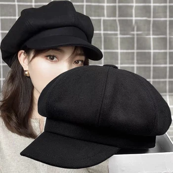Kadın Sekizgen Bere Şapka Yün Karışımlı Newsboy Şapka Gevşek Bulut Üst Serin Sokak Ağız Kap Kız Açık Kış Sonbahar Bereliler Caps