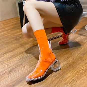 Kadın Seksi Şeffaf PVC Çizmeler ayak Bileği Çizmeler Orta Buzağı Kristal Ayakkabı Kalın Kare Topuklu Rahat Parti Gece Ayakkabı Kadın Pompaları