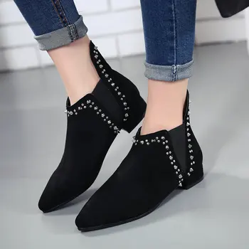 Kadın Süet Deri Çizmeler Qualiy Sivri Burun Ayakkabı Bayanlar Rahat Sonbahar Kış Perçinler Ayakkabı botines