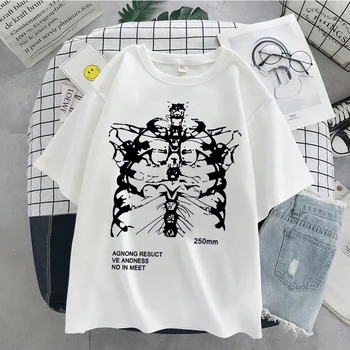 Kadın T-shirt Büyük Boy Koyu Kafatası Kemikleri Komik Kalp ve Akciğer Baskı Kısa Kollu T-shirt Kadın Harajuku yaz giysileri Üstleri
