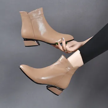 Kadın yarım çizmeler 2022 Sonbahar Kış Zip PU Deri Kalın Düşük Topuk Kemer Tokası rahat ayakkabılar Artı kadife Bota Feminina Cano Curto Görüntü 2