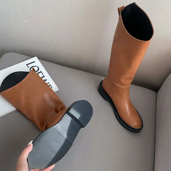 Kadınlar 2021 Sonbahar Yeni Diz Yüksek Chelsea Çizmeler Moda Yuvarlak Ayak Düşük Topuklu Ayakkabılar Kadın bağcıksız ayakkabı Bayanlar Batı Çizmeler Görüntü 2