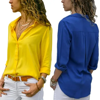 Kadınlar Beyaz Bluzlar Temel Satış Düğmesi Katı Yaz Uzun Kollu Gömlek Kadın Şifon kadın İnce Giyim Artı Boyutu Üstleri