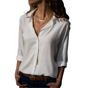 Kadınlar Beyaz Bluzlar Temel Satış Düğmesi Katı Yaz Uzun Kollu Gömlek Kadın Şifon kadın İnce Giyim Artı Boyutu Üstleri Görüntü 2