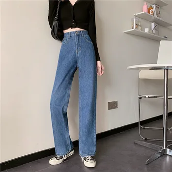 Kadınlar İçin kot Yüksek Bel Düz Bacak Pantolon Denim Pantolon Streetwear Kadın Kot Kore Bayan Giyim 2022 Yeni Görüntü 2