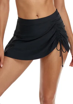 Kadınlar Katı Siyah Bikini Alt Pleate Yüksek Bel Etek Mayo Külot Tankini Dipleri Bikini Etek Alt Mayo Artı Boyutu Görüntü 2