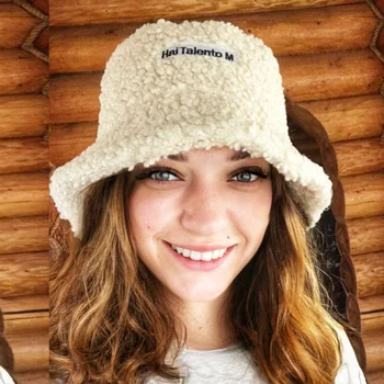 Kalın Kuzu Yün Kova Şapka Taklit Kürk Balıkçı Şapka Kadın Kızlar Açık Kış sıcak Kabartmak Kapaklar Kase Şapka Sonbahar Sokak Kapaklar Görüntü 2