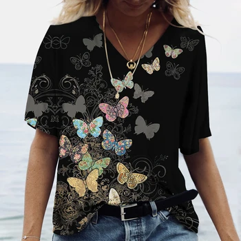 Kelebek Baskılı kadın T-shirt 3D V Yaka Pamuk Moda Kısa Kollu Üstleri 2022 Rahat Temel Kız giyim Harajuku Giyim