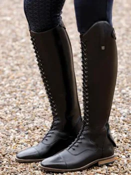 Klasik Binicilik Diz Yüksek Çizmeler Kadın Batı kovboy çizmeleri Kadınlar için Cowgirl Botas Kare Topuklu Ayakkabı Kadın Motosiklet Görüntü 2