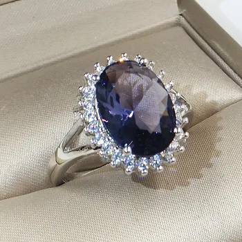 Klasik Mavi Büyük Taş Prenses Kesim Mavi Kristal Yüzük Kadın Nişan doğum günü hediyesi Takı Lüks 925 Gümüş Yüzük
