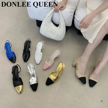 Klasik Zarif Karışık Renk Slingback Sandalet Kadın Elastik Bant Geri Kayış Topuk Pompaları Marka Tasarım Ayakkabı Katır Elbise Parti Mujer