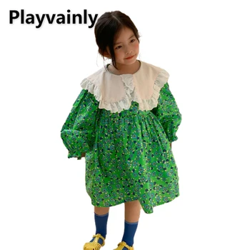 Kore Tarzı Sonbahar Elbise Çocuklar Kızlar için Uzun Kollu Yeşil Çiçek Patchwork Turn-aşağı Yaka Elbiseler Toddler Güz Giysi E2127